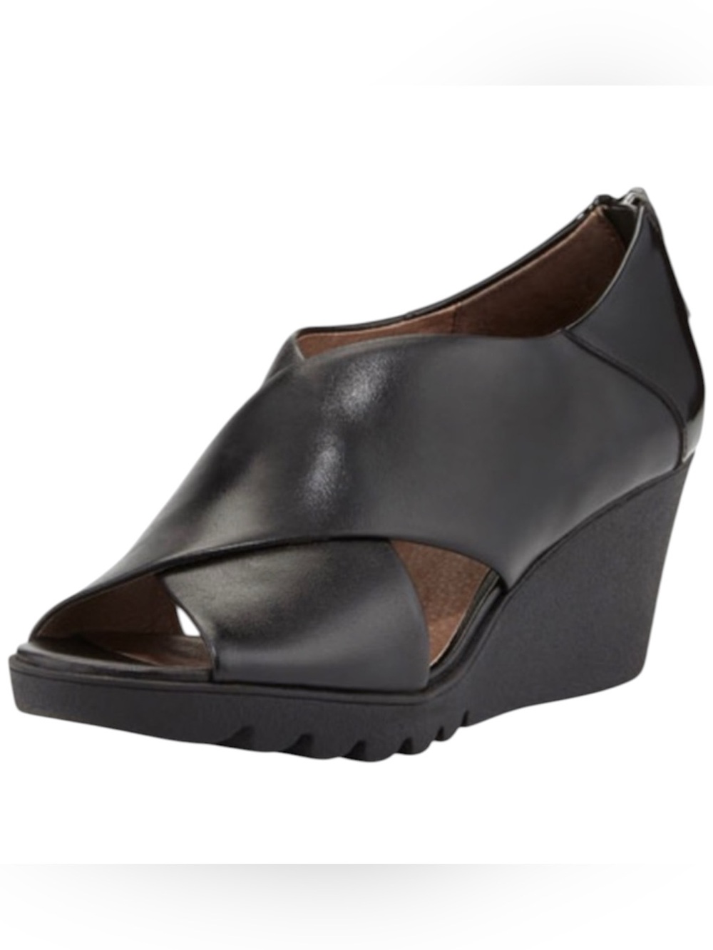 Donald J. Pliner Marti Black Leather Cross Strap Wedge Pumps Zip Back Close 6.5